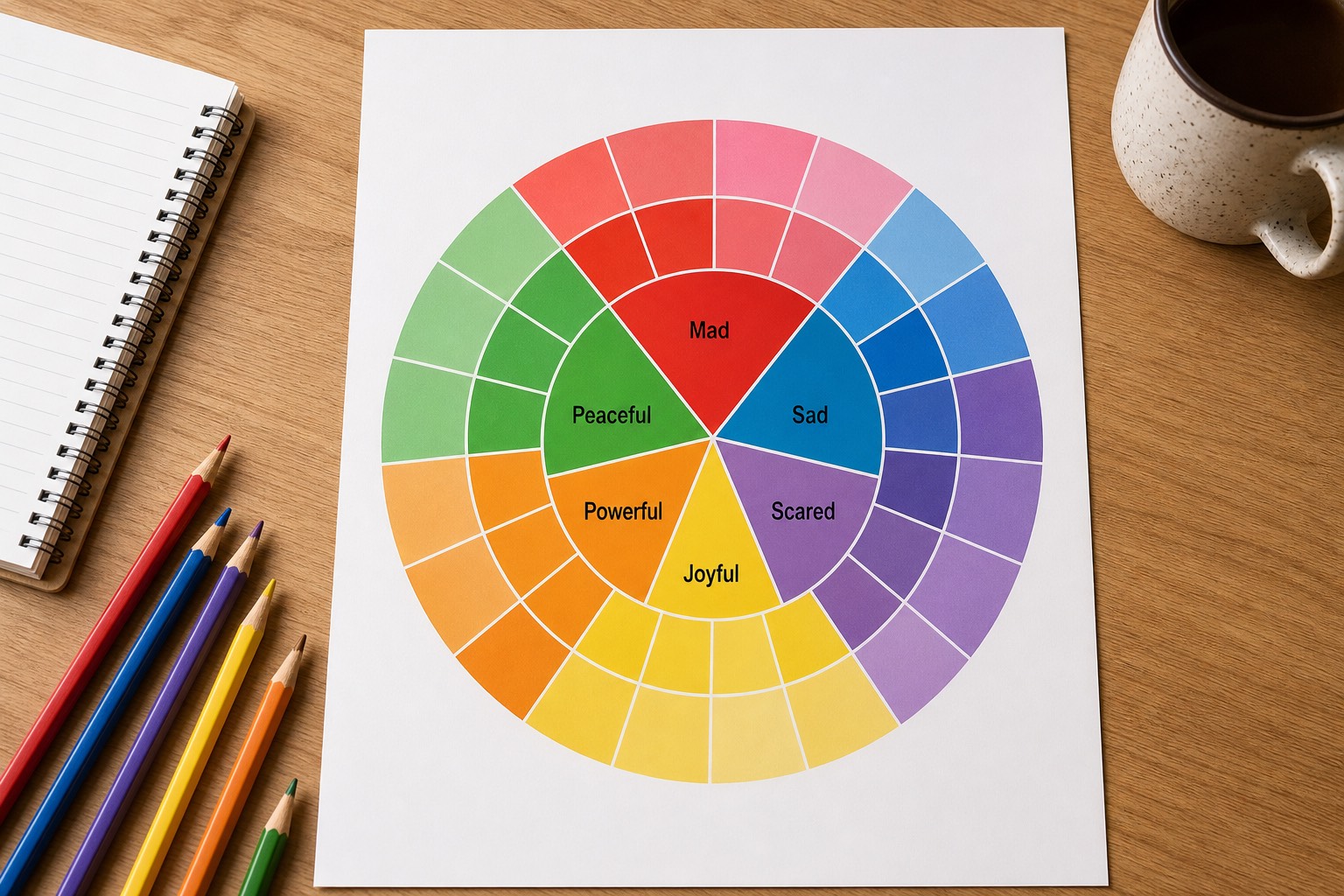 Feelings wheel PDF printable on a desk