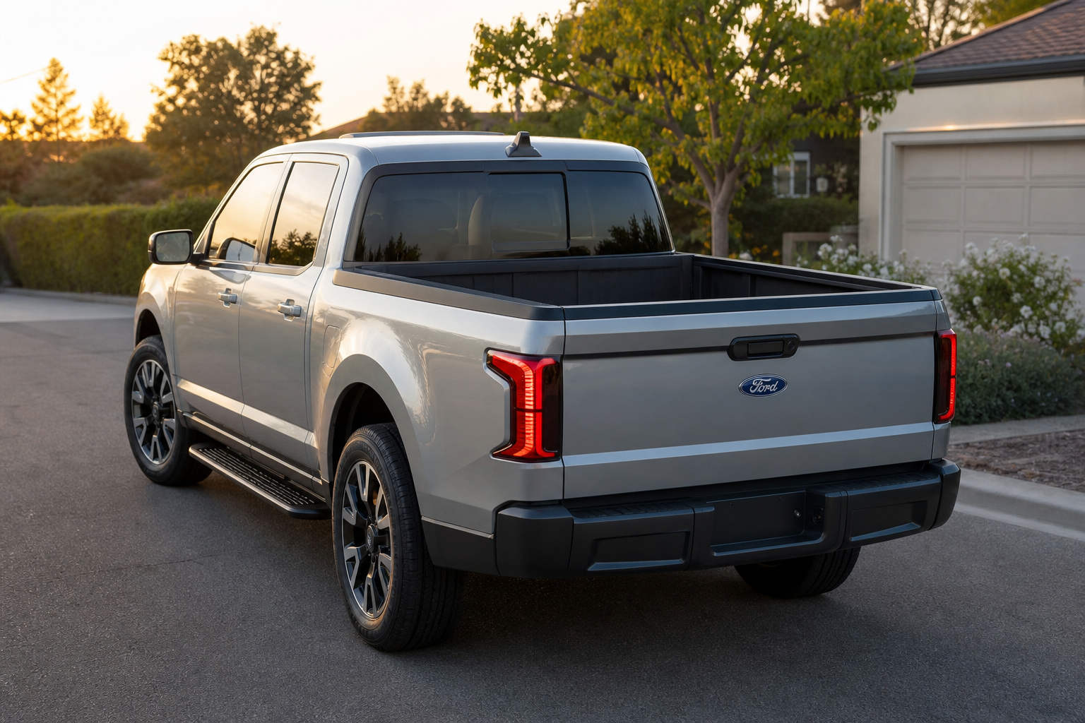 Ford Fathom electric truck rear three-quarter with open bed