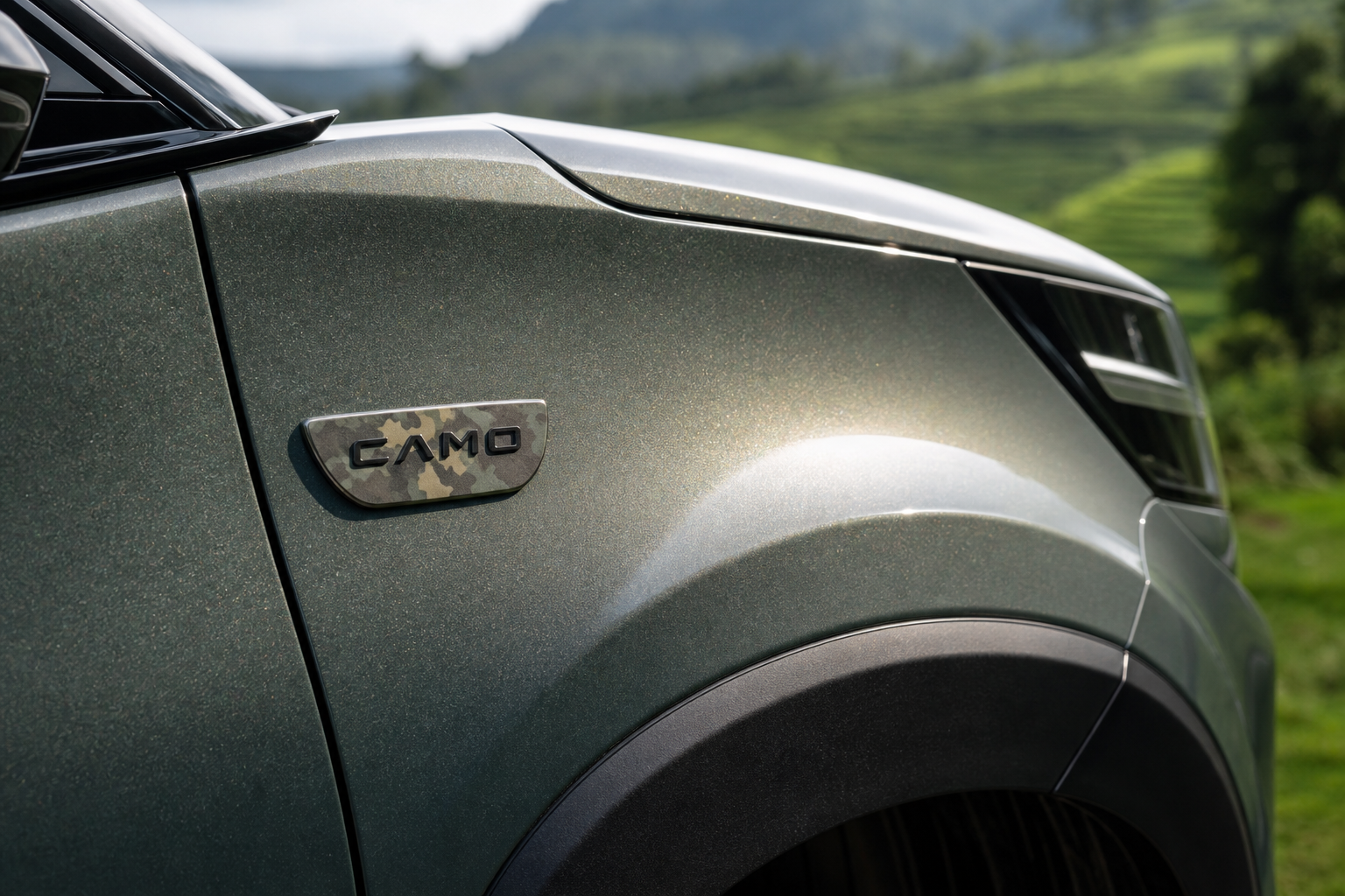 Tata Nexon Camo Munnar Mist Camo badge and paint detail